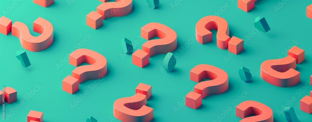 Poster 3d isometric orange question marks on a teal background in a minimalist style, creating a visually s