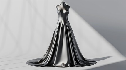 A black silk dress on a mannequin in a white room, flowing down to the floor.