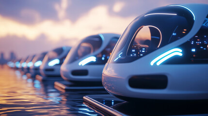Obraz premium Flying cars lined up like taxis, picking up passengers from a floating platform, showing the convenience and efficiency of future public transportation. Service, Convenience, Urban