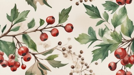 Christmas floral seamless pattern with hawthorn plant