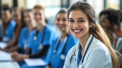 Obraz premium Smiling Nurse and Doctor Group in Hospital Education – Positive and Relaxed Atmosphere