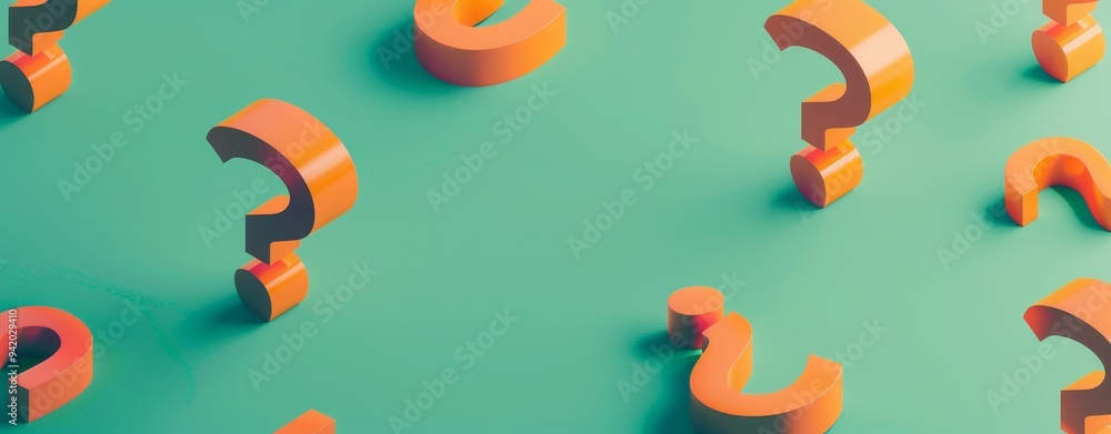 Poster 3d isometric orange question marks on a teal background in a minimalist style, creating a visually s