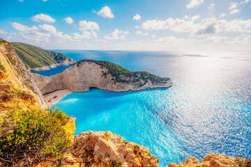 Zakynthos, Greece. Navagio Beach with wrecked ship in Ionian Sea. Beautiful views of azure sea...