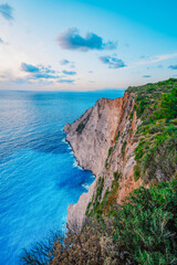 Obraz premium Zakynthos, Greece. Navagio Beach with wrecked ship in Ionian Sea. Beautiful views of azure sea water and nature with cliffs cave.