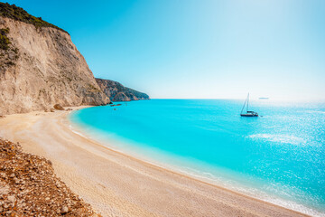 Beach of Port Katsiki with turquoise shining ocean on the island of Lefkada, Ionian Sea, Greece