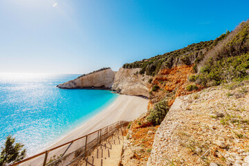 Obraz premium Beach of Port Katsiki with turquoise shining ocean on the island of Lefkada, Ionian Sea, Greece