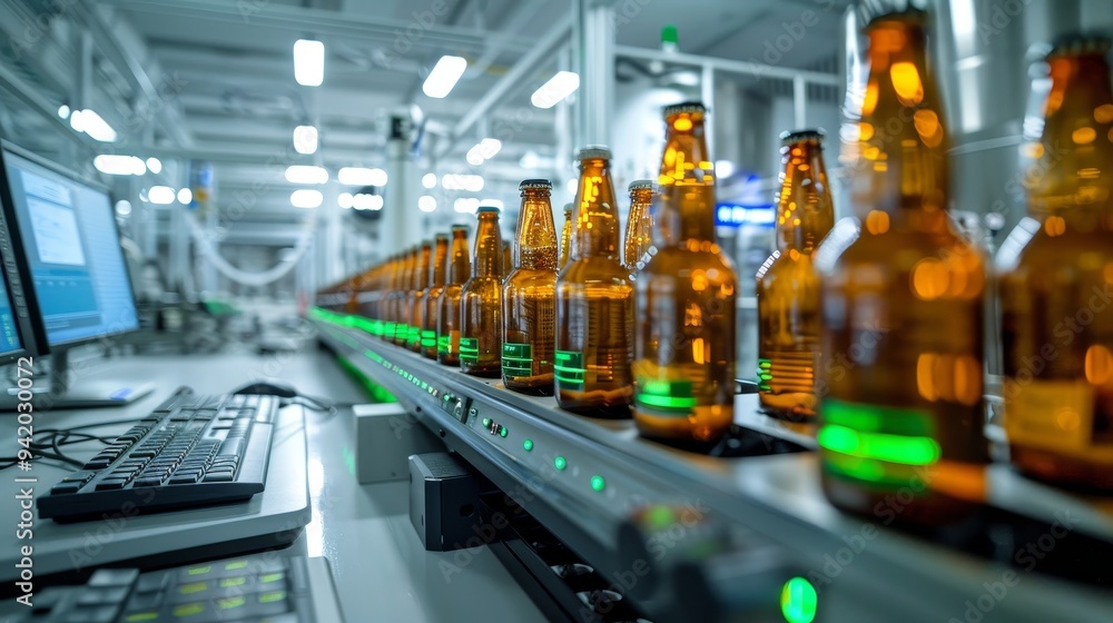 Poster material testing of carlsberg beer bottles in a research lab with computers capturing data from sens