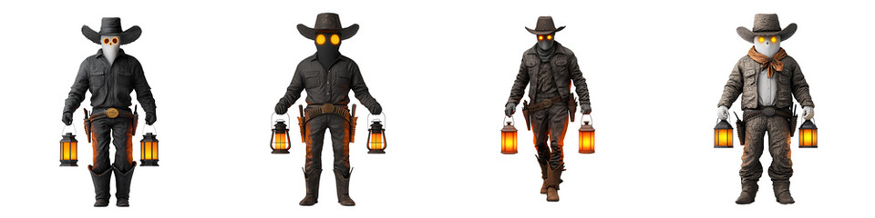 A set of mysterious figures in dark cowboy outfits, each holding a glowing lantern, evoking an eerie atmosphere.
