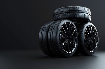 Glossy Black Car Tires with Rims on a Dark Background