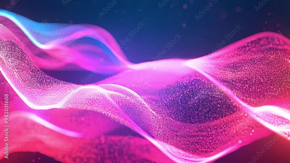 Poster dynamic waves of pink and blue light flow gracefully, creating an energetic abstract representation 