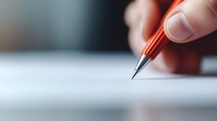 A close-up image of a hand holding an orange pen, poised to write on a white paper surface, capturing the essence of creativity and expression through writing.