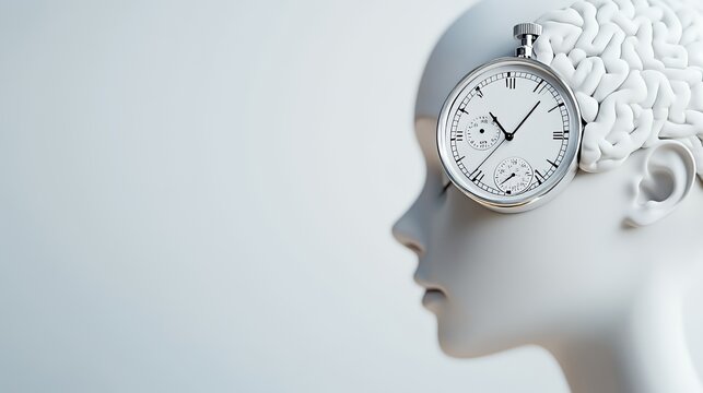 A surreal depiction of a clock integrated with a brain, symbolizing time and thought.