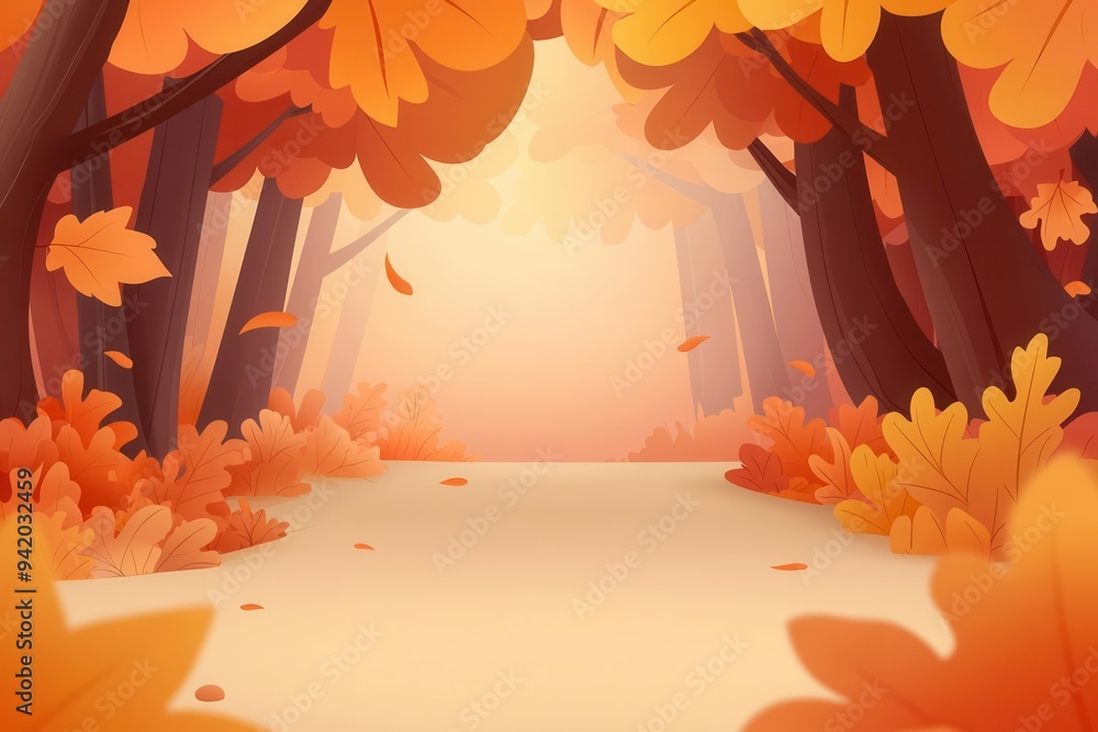Poster a tranquil pathway winding through the autumn forest, perfect for adding text or illustrations.