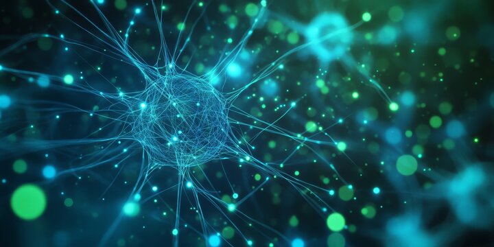 Visual representation of a neural network in motion, glowing with blue and green light, complex web of nodes and connections expanding outward