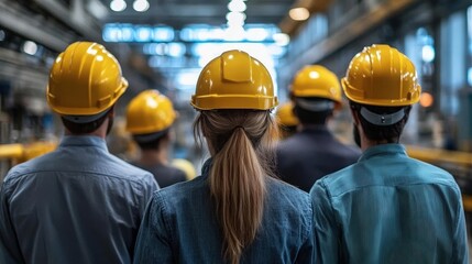A business team evaluating factory safety standards, emphasizing health and safety (focus on, safety theme, surreal, fusion, safety training room backdrop)