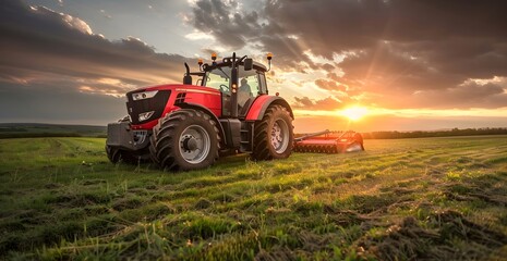 Red Tractor in Sunset Field - Rural Farming Operation