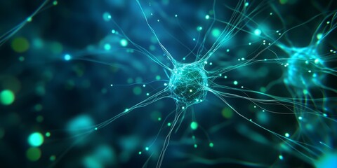 Visual representation of a neural network in motion, glowing with blue and green light, complex web of nodes and connections expanding outward