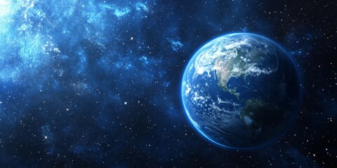 Obraz premium Blue planet partially in shadow, with auroras glowing near the poles, faint star clusters visible in the deep void of space