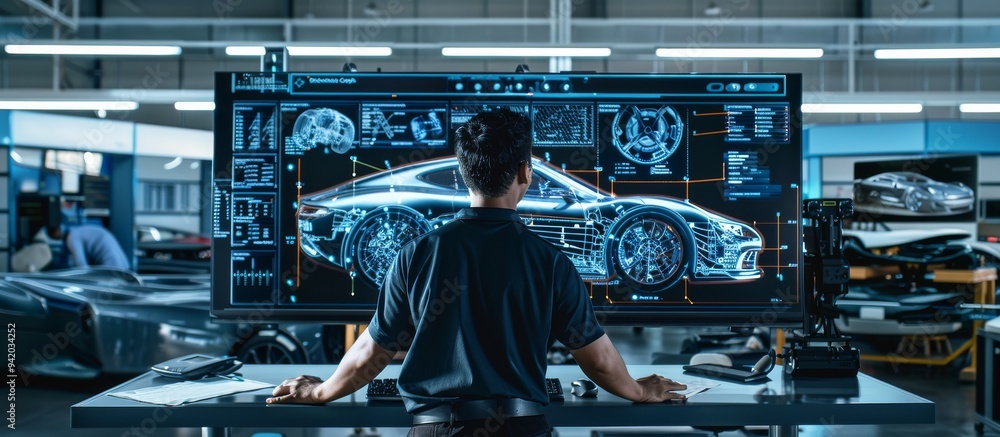 Aufkleber Rear view of an engineer working on a high-tech touchscreen analyzing a 3D model of a car. Advanced automotive design studio with futuristic technology and detailed graphical schematics.