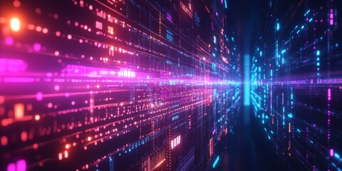 Fototapeta premium A glowing firewall protecting data streams, represented as bright neon lights flowing through a cyber network in a dark digital world