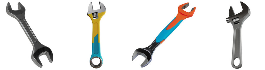 A collection of colorful adjustable wrenches arranged neatly, showcasing their unique designs and functionality. Isolated on transparent or white background.
