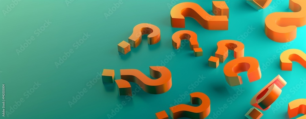 Poster minimalist 3d isometric view of orange question marks against a teal background, highlighting clean 