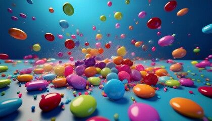 Fototapeta premium round candies of different colors scattered on the table and flying all over the photo on a bright background 