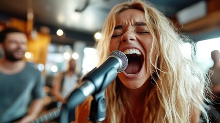 A woman with wavy blonde hair sings energetically into a microphone with her mouth wide open, surrounded by bandmates during a thrilling live performance in a dynamic setting.