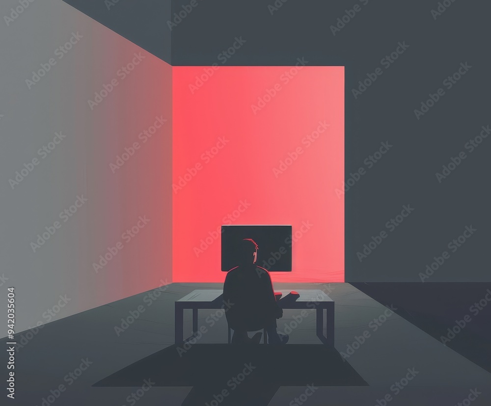 Aufkleber minimalist image of a person staring at a computer screen in a vast, dark room, capturing solitude a