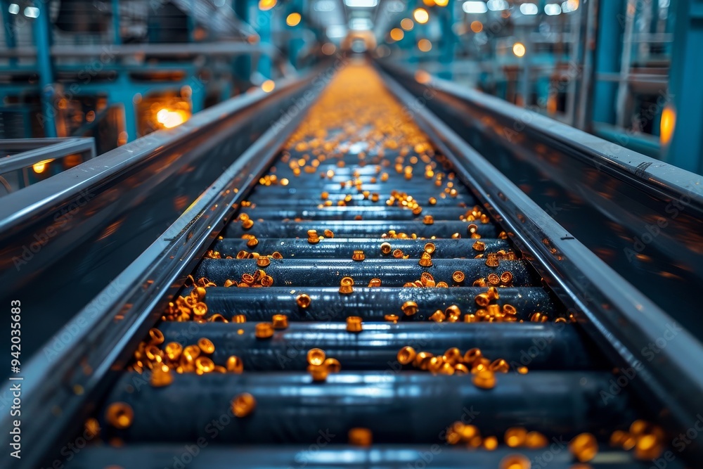 Poster recycling conveyor in a modern plant, featuring a sleek design and efficient operation in a high-tec