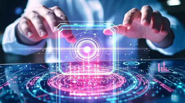 A detailed close-up of a data scientist&rsquo;s hands skillfully navigating a holographic data set, featuring vibrant 3D graphs and charts that float in the air