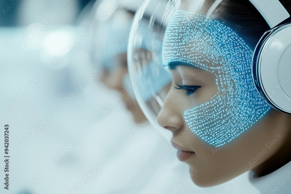 Poster digital faces of futuristic ai operators in advanced headgear with data projections