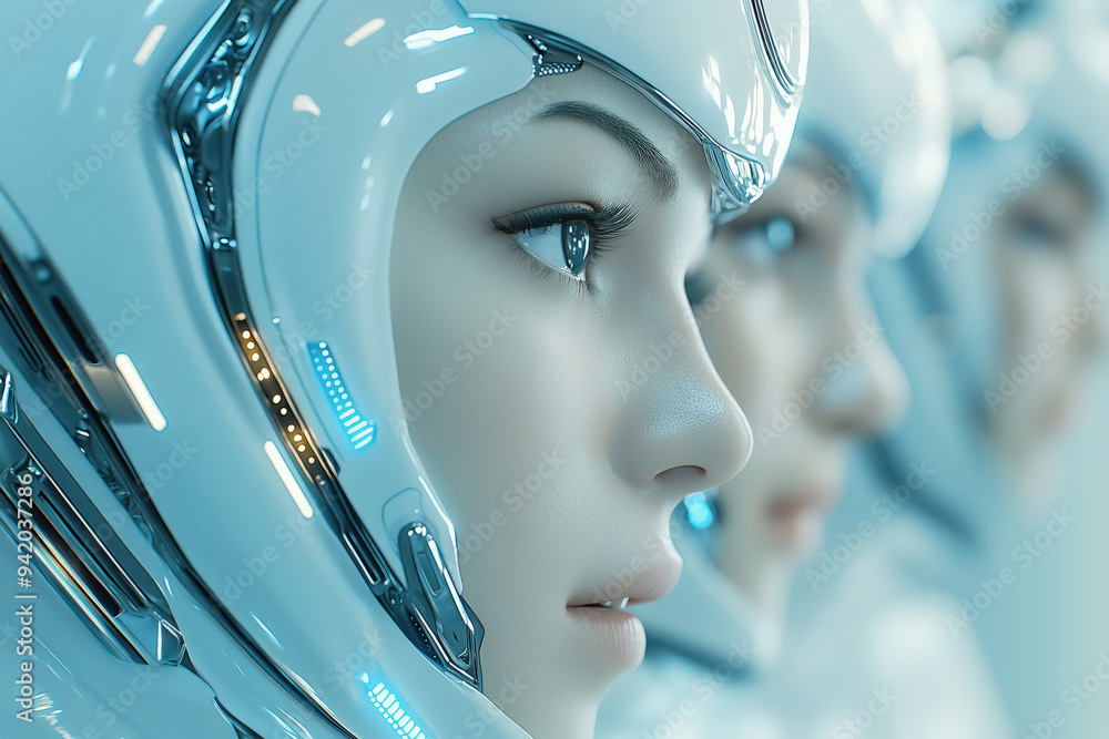 Poster futuristic human-like robots in high-tech suits with advanced ai features