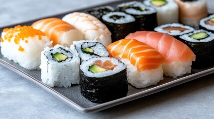 A beautifully arranged platter showcases a variety of sushi and sashimi, highlighting fresh colors and textures in an elegant presentation with soft shadows and cinematic lighting