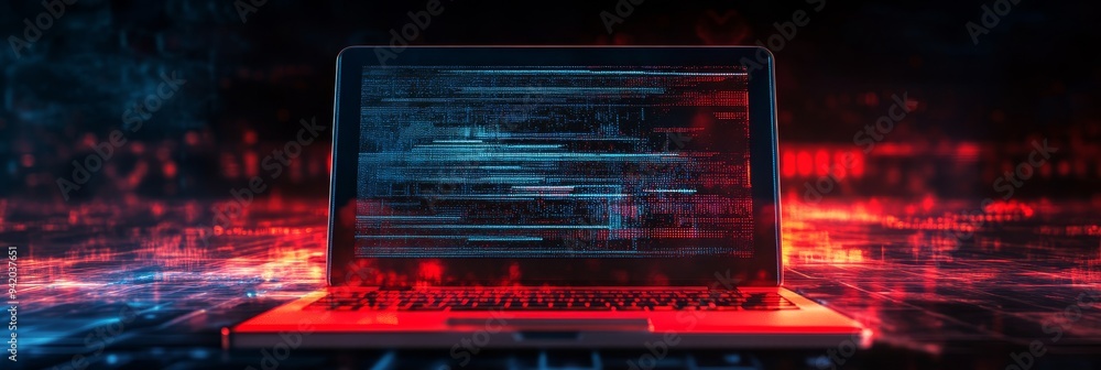 Canvas Prints A laptop with a red and blue background, depicting a system hacked warning alert on the screen. This image symbolizes cyber security, data breach, hacking, malware, and digital threat.