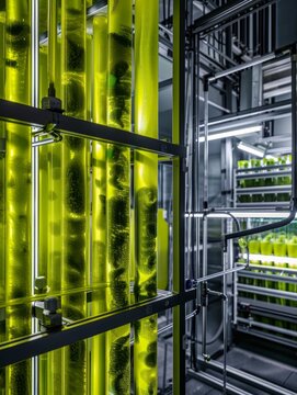 Industrial microalgae water harvesting system with a large glass tube-like machine and parallel pipes, featuring neon and fluorescent lighting in a clean laboratory setting.