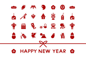 日本のお正月縁起物アイコンの年賀状イラスト