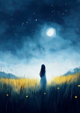 woman standing field looking sky dazzling stars lying scattered empty dreamy mood streaming cover moonbeams close