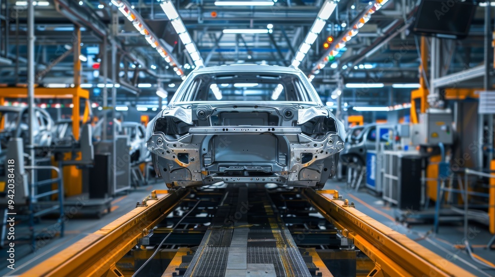 Poster Modern assembly line in a car manufacturing plant showcasing the production of vehicles. Industrial setting with advanced machinery and robotic automation in a factory environment.