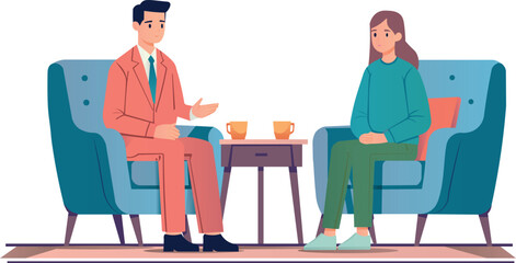 Are two people talking over a cup of hot drink