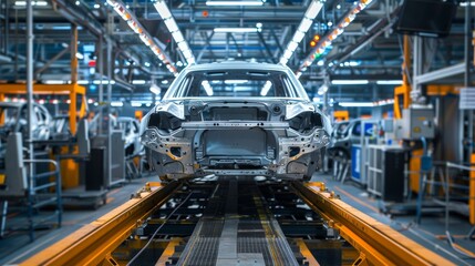 Modern assembly line in a car manufacturing plant showcasing the production of vehicles. Industrial setting with advanced machinery and robotic automation in a factory environment.