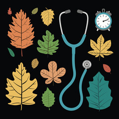 Autumn Leaves and Medical Stethoscope Illustration on Black Background