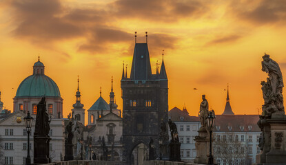  Vltava river with old Town bridge tower on Charles bridge  in Prague, Czech Republic.