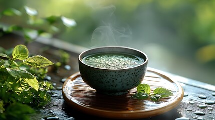 A steaming cup of green tea on a wooden tray with fresh mint leaves and raindrops in the background.