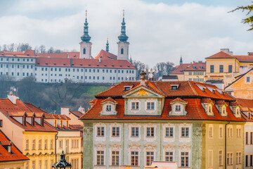 Obraz premium View of the city Prague and strahov monastery from prague castle, hradcany in Prague, Czech Republic.