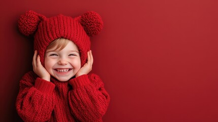A child smiling happily while wearing a red hat and matching red sweater, against a solid red background, capturing a moment of pure joy and warmth.