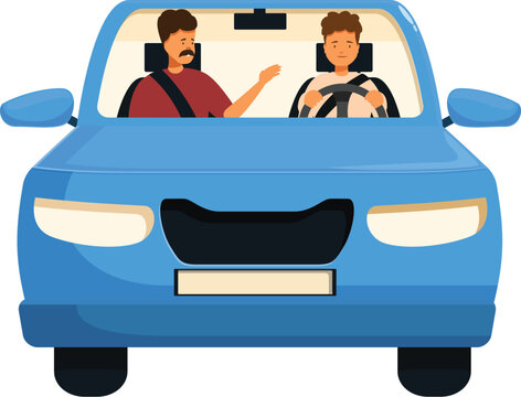 Driving instructor is guiding his student during a driving lesson in a blue car