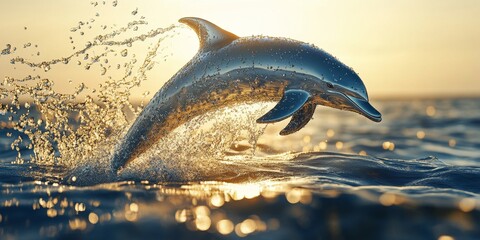 Fototapeta premium Dynamic close-up of a dolphin leaping from the water, sculpted entirely from transparent water splashes, glistening in the sunlight