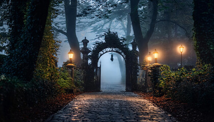Fototapeta premium A dark, shadowy forest path lined with flickering lanterns and eerie fog