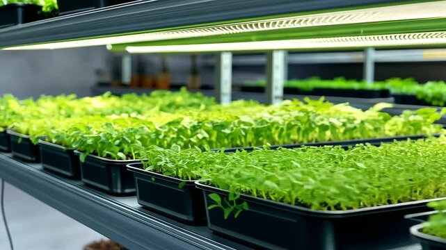 Wide-angle view of a contemporary indoor farm with shelves of vibrant sunflower, lentil, and pea microgreens.